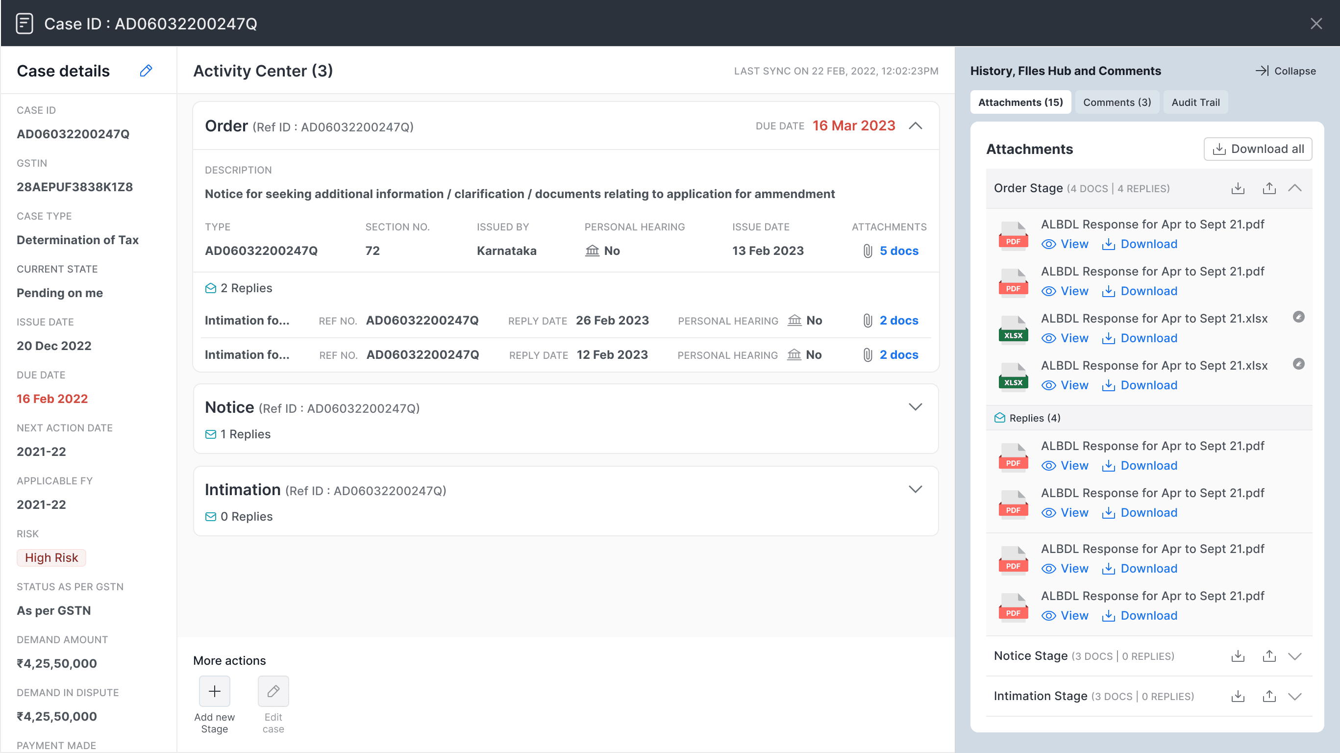Case detail workspace with case metadata left, activity center middle, and history, files, and comments hub right
