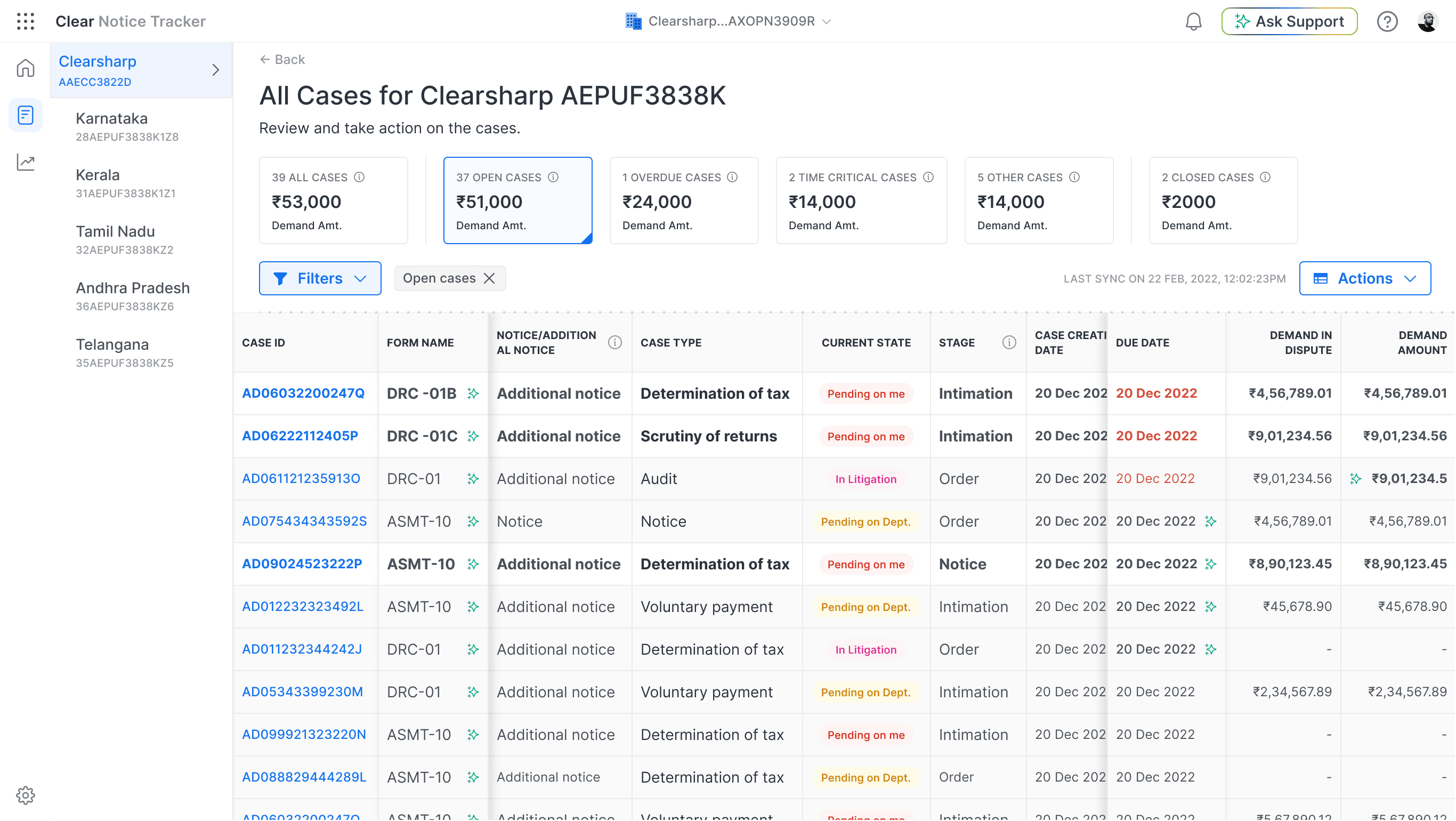 PAN-level case list with filters, demand-amount columns, and status chips