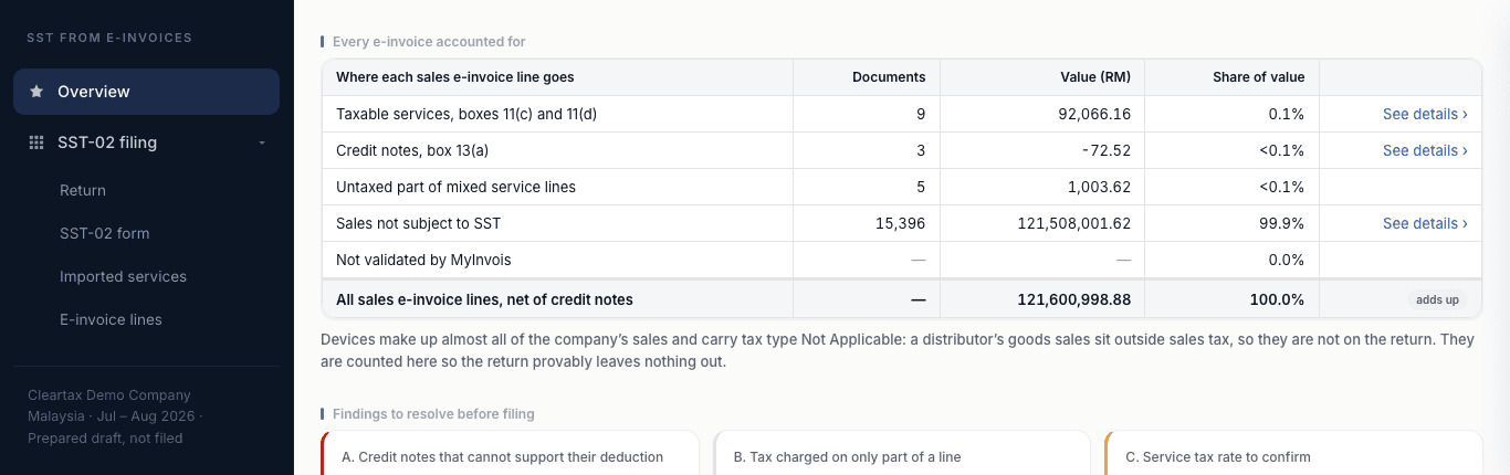 Every sales e-invoice line accounted for, before the return