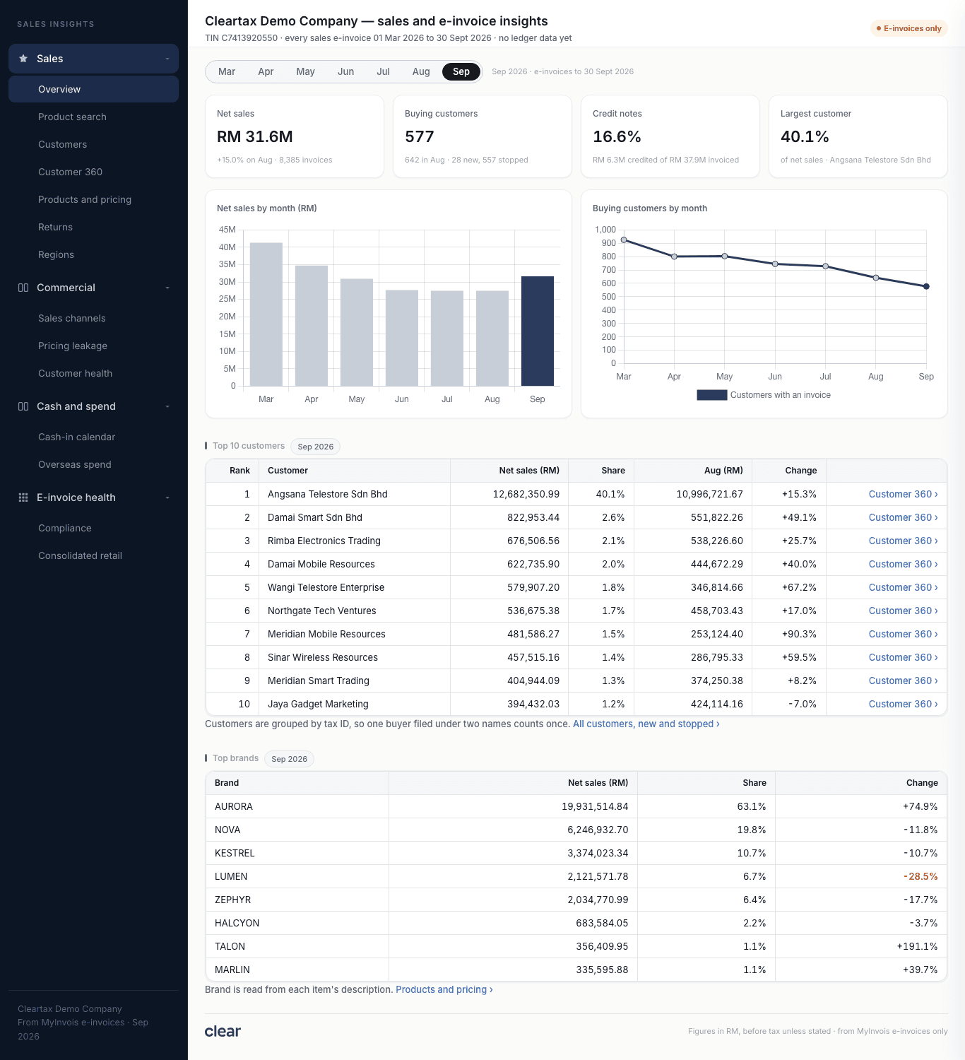 Sales and e-invoice insights overview, built from e-invoices only