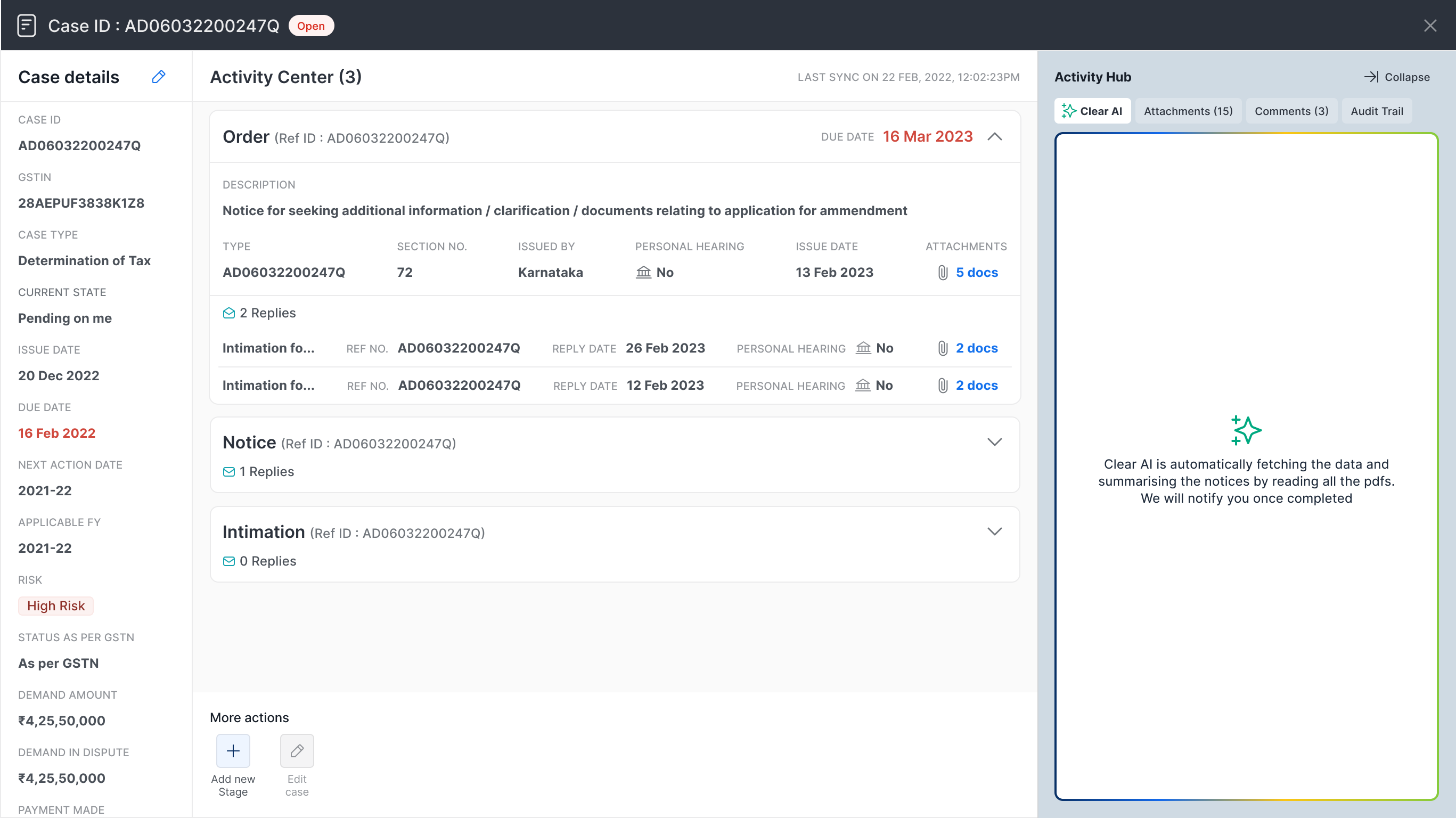 Case view with the Clear AI panel in the loading state