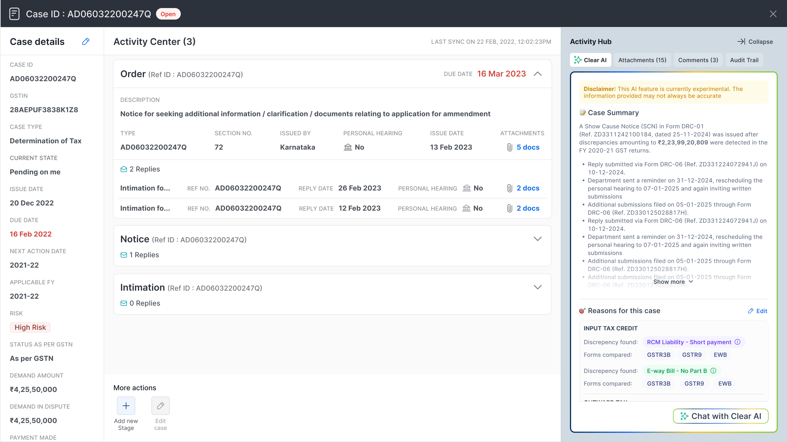 Case view with Clear AI populated case summary and reasons